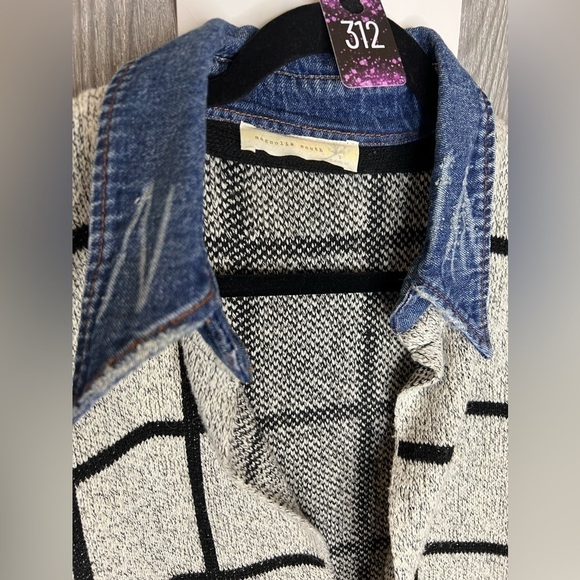 Magnolia South Windowpane Open Cardigan Denim Point Collar OSFM - Picture 2 of 6